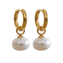 Simulated pearls dangle earrings with gold plating and Korean-inspired design, lightweight and elegant for daily or special wear
