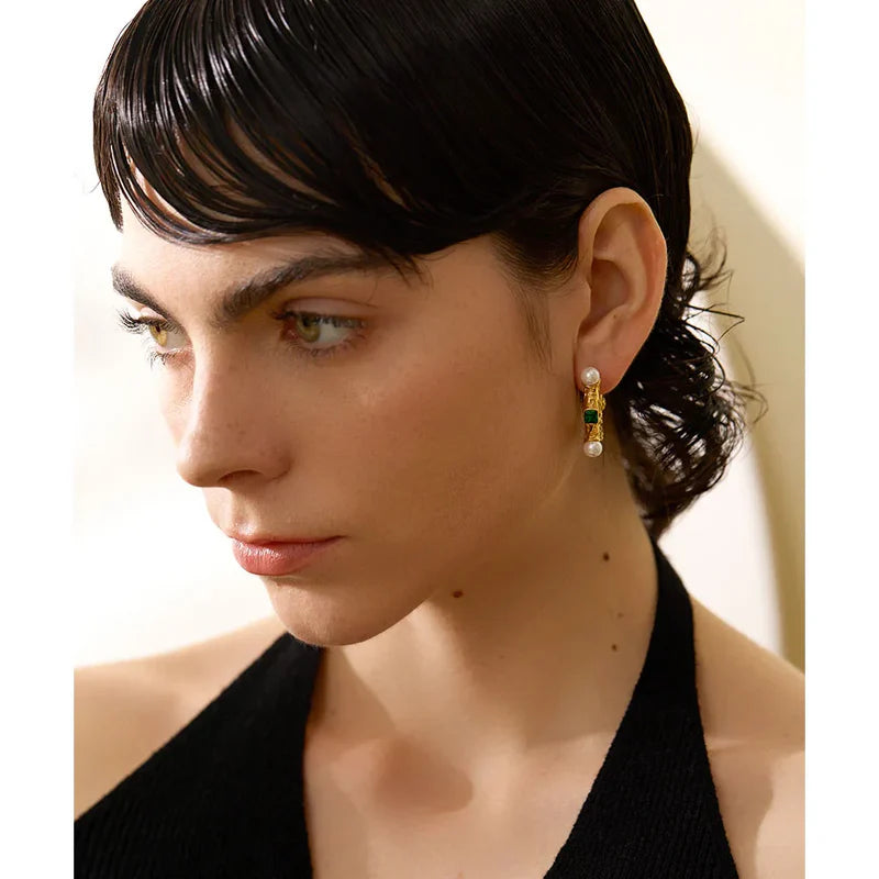 Elegant Sparkling Green Cubic Zirconia Hoop Earrings with a pearl accent, 18K gold-plated for a chic, stylish look.