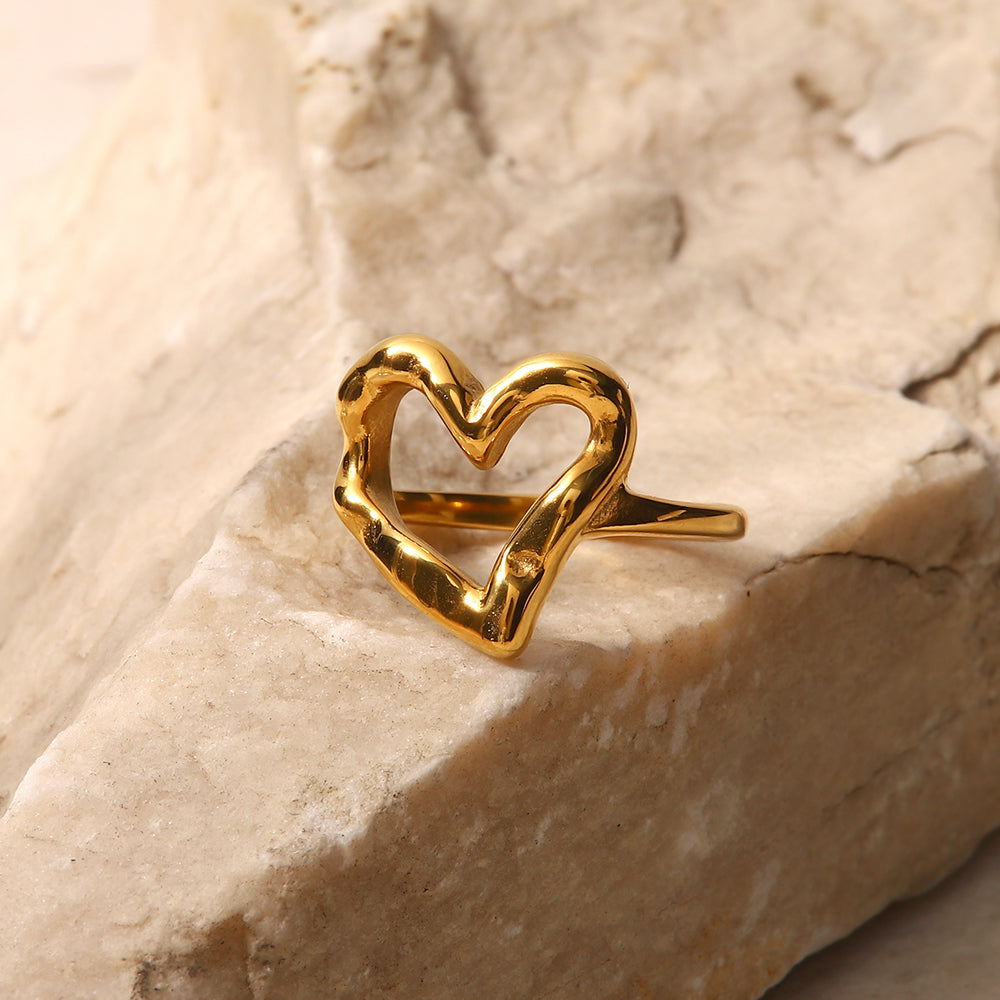 Sophisticated Stainless Steel Aesthetic Heart Ring, 18K gold-plated, symbolizing love with a timeless, elegant design.