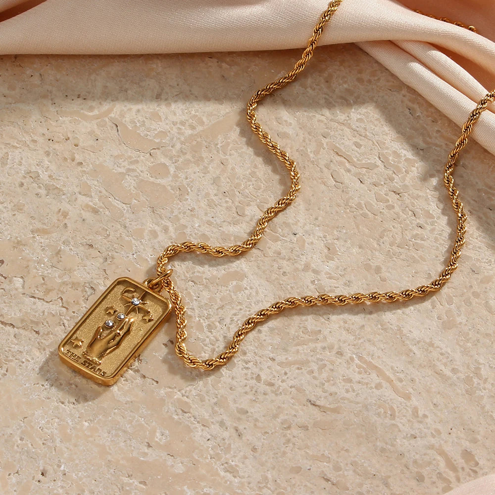 Star Tarot Card Pendant Necklace with cubic zirconia, representing a journey of hope and fulfillment, perfect for meaningful daily wear.

