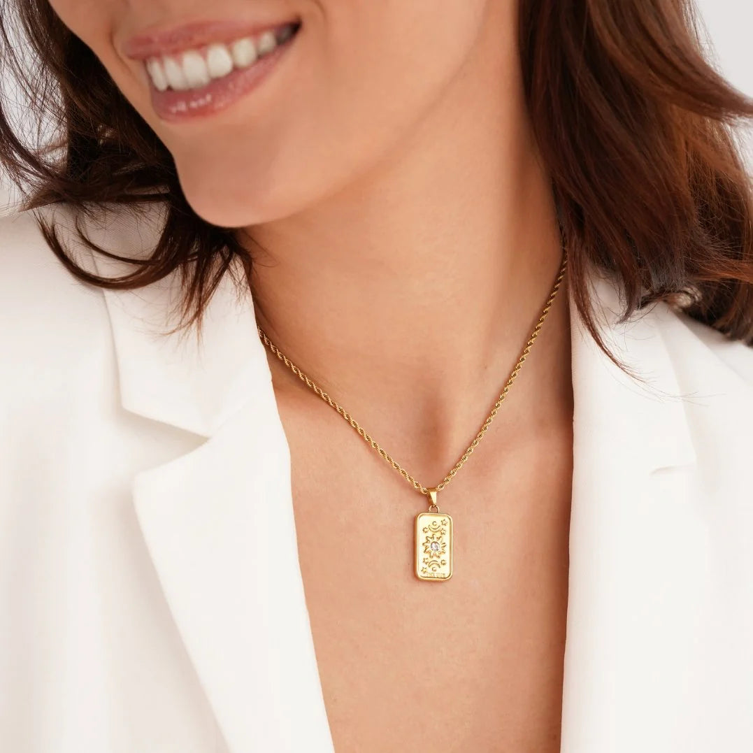 Elegant gold Sun Tarot Card Necklace with cubic zirconia, a symbol of happiness and positivity for daily wear.
