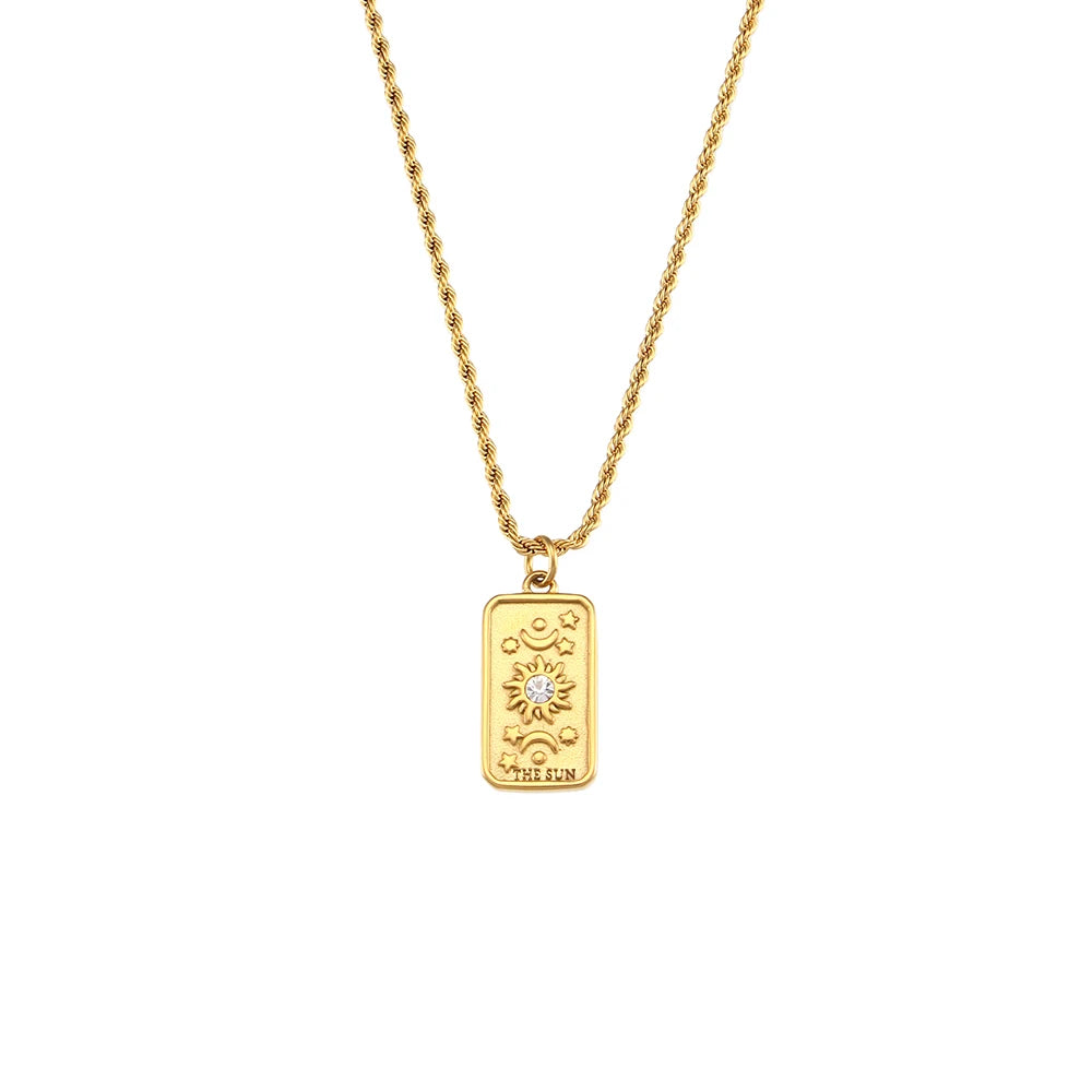 Gold Sun Tarot Card Pendant Necklace with cubic zirconia, symbolizing positivity, peace, and style, perfect for everyday wear.