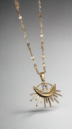 Elegant Sunburst Evil Eye Pendant Necklace, 18K gold-plated with a sparkling rhinestone center, offering charm and protection for any occasion.