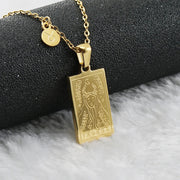 Taurus zodiac tarot necklace with engraved gold-tone pendant, 18k gold-plated stainless steel, stylish and durable astrology jewelry for daily wear.

