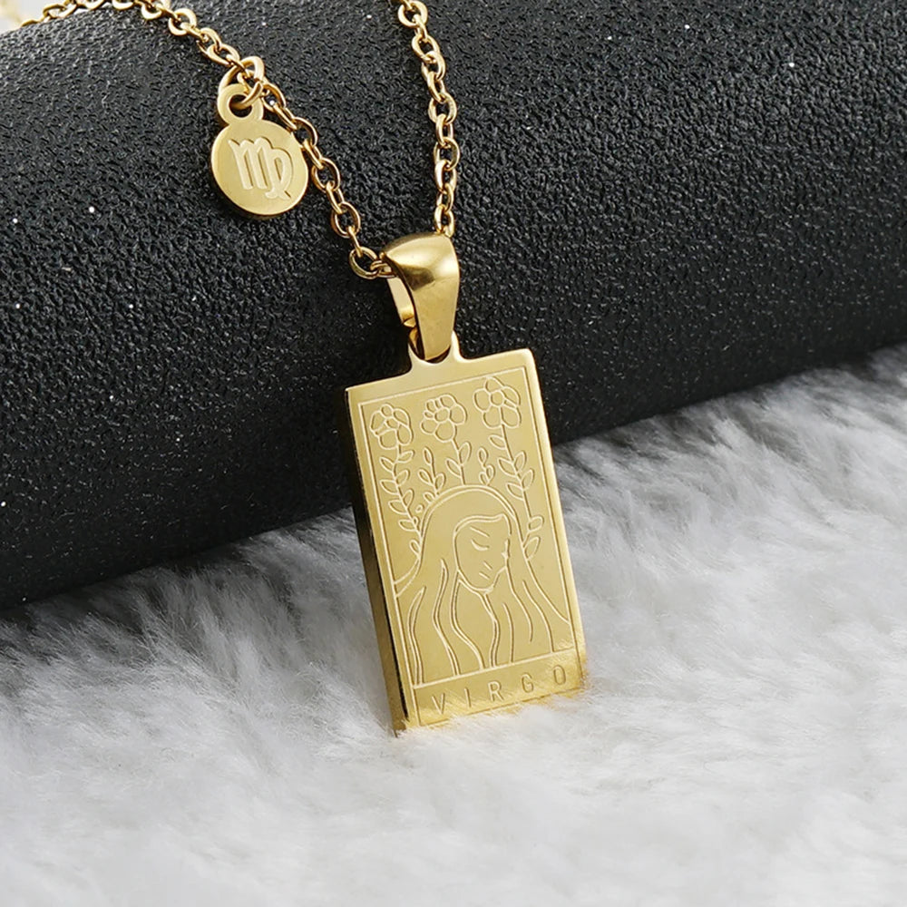 Virgo zodiac sign tarot necklace with engraved gold-tone pendant, 18k gold-plated stainless steel, stylish and durable jewelry for daily wear.