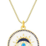 Gold plated white enamel evil eye necklace with blue stones and adjustable chain, perfect for everyday wear and positive energy.